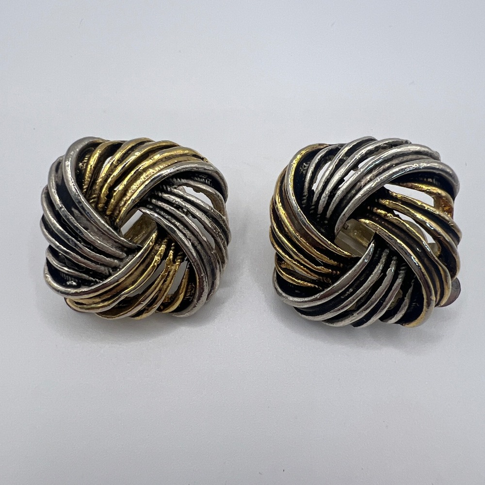 Vintage Two Tone Love Knot Clip On Earrings Silver Gold Tone Mixed Metal Nest